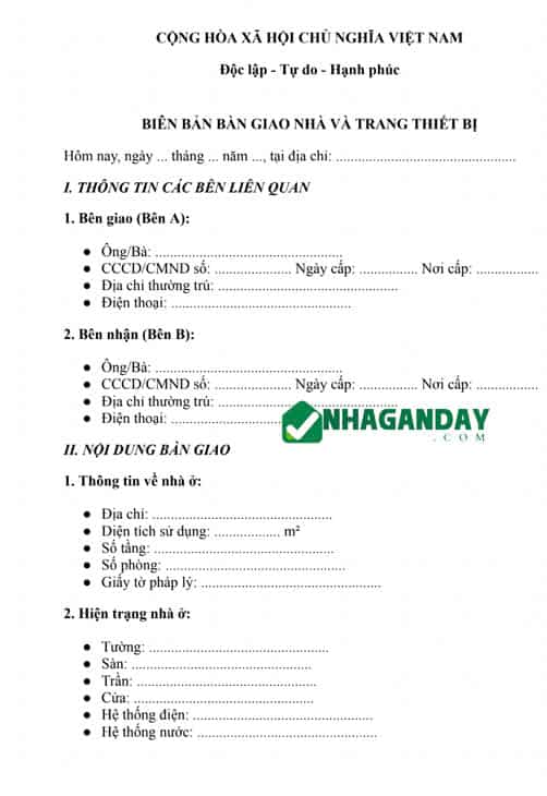 Biên bản bàn giao nhà và trang thiết bị đi kèm khi mua bán, cho thuê