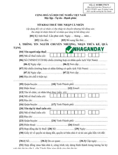 Tải Tờ khai thuế thu nhập cá nhân mẫu số 03/BĐS-TNCN file word 2026