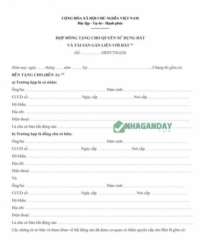 Hợp đồng tặng cho quyền sử dụng đất và tài sản gắn liền với đất 2026