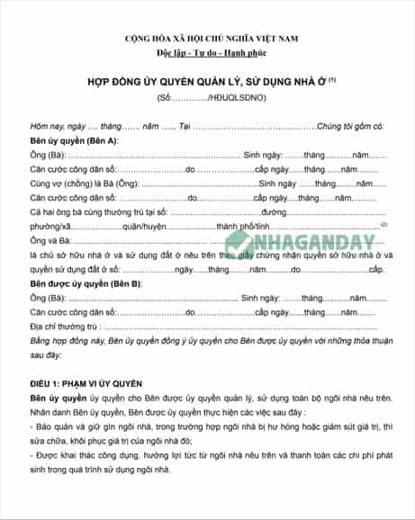 Mẫu hợp đồng ủy quyền quản lý, sử dụng nhà ở mới nhất 2026