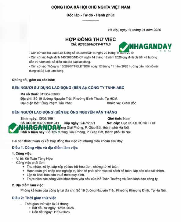 Mẫu hợp đồng lao động thử việc file word ngắn gọn hợp pháp 2026