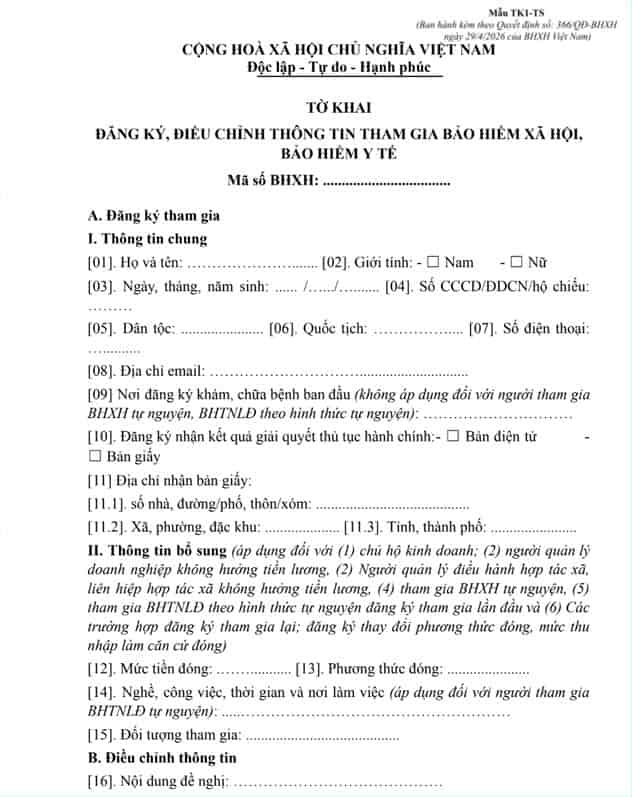 Mẫu TK1-TS: Tờ khai tham gia, điều chỉnh BHXH, BHYT mới nhất 2026