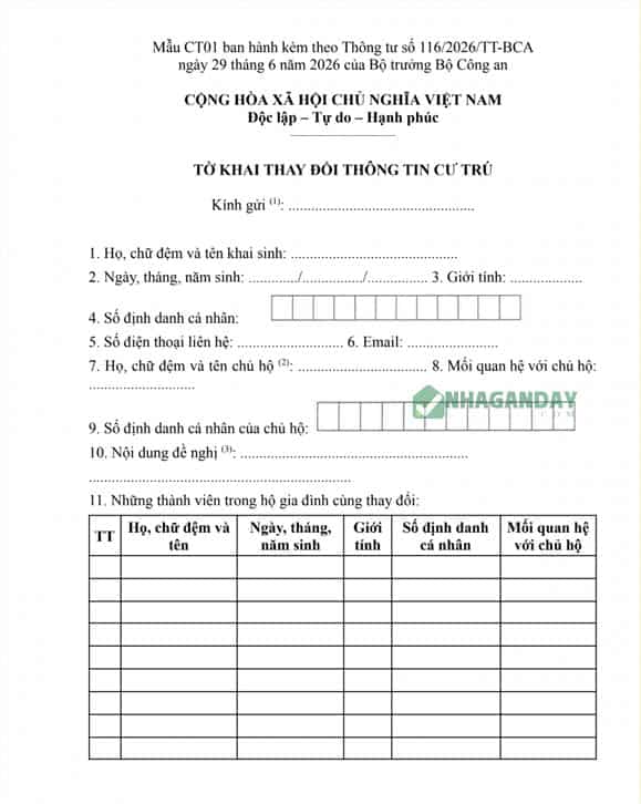 Mẫu CT01 Tờ khai thay đổi thông tin cư trú mới nhất 2026